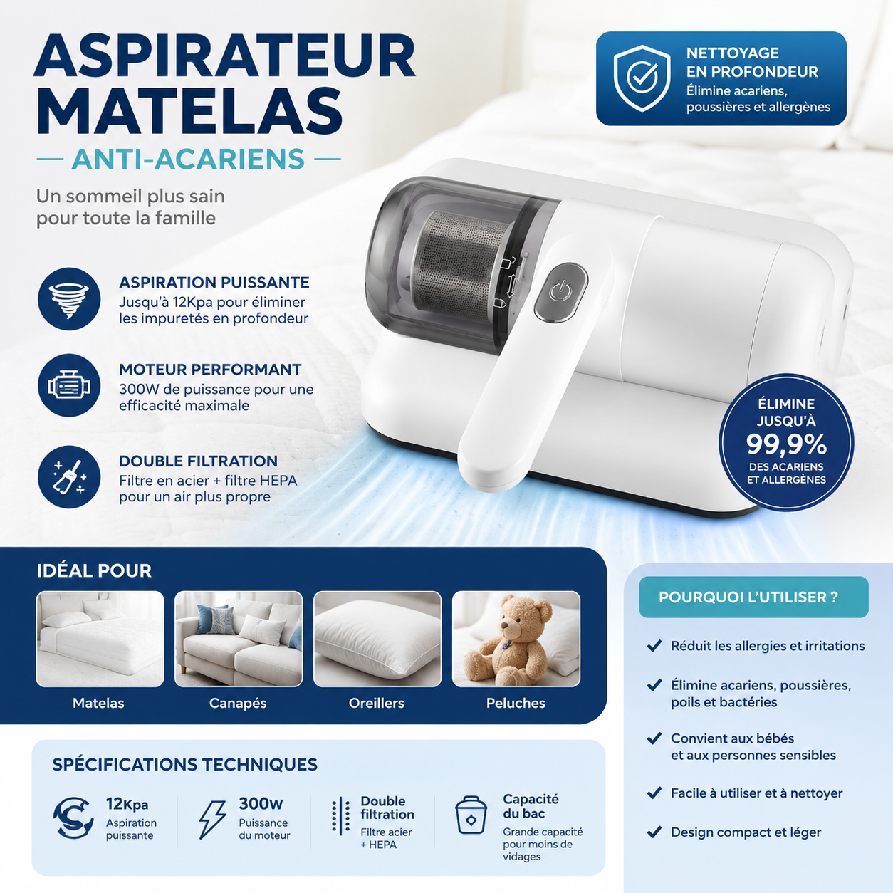 Aspirateur Matelas Anti-Acariens Haute Puissance