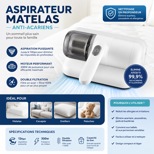 Aspirateur Matelas Anti-Acariens Haute Puissance